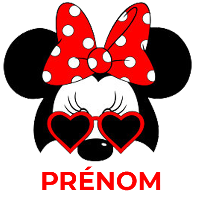 Minnie rousse avec nœud rouge à pois blancs et lunettes rouges, idéale pour les articles de bébé sur bebe-prenom.com.