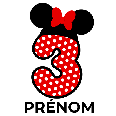 Produit Disney Minnie Numéro 3 rouge à pois blancs avec un joli papillon rouge, parfait pour votre bébé. Disponible sur bebe-pre