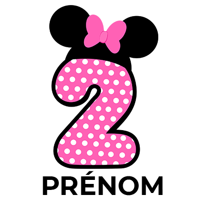 Disney Minnie Numéro 2 rose à pois blancs avec un joli papillon rose, idéal pour les accessoires de bébé chez bebe-prenom.com.