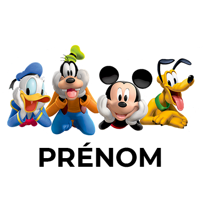Graphisme coloré avec Mickey, Donald, Pluto et Bingo, idéal pour les bavoires et accessoires de bébé. Disponible sur bebe-prenom