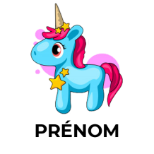 Licorne bleue rose, adorable motif pour accessoires bébés, idéale pour tétines, bavoirs et vêtements. Disponible sur bebe-prenom