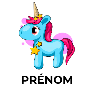 Licorne bleue rose, adorable motif pour accessoires bébés, idéale pour tétines, bavoirs et vêtements. Disponible sur bebe-prenom