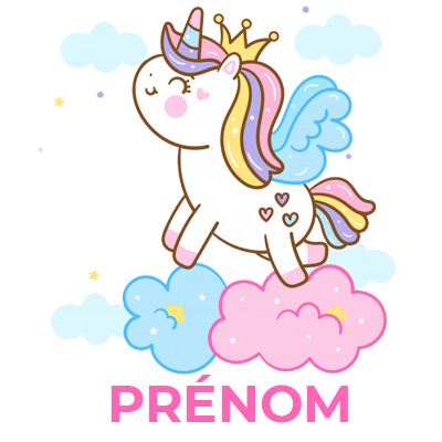 Licorne avec couronne sur nuage, une touche de magie pour les articles de bébé chez bebe-prenom.com.