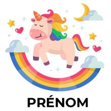 Licorne arc en ciel : un design enchanteur pour vos articles de bébé. Découvrez nos produits sur bebe-prenom.com.