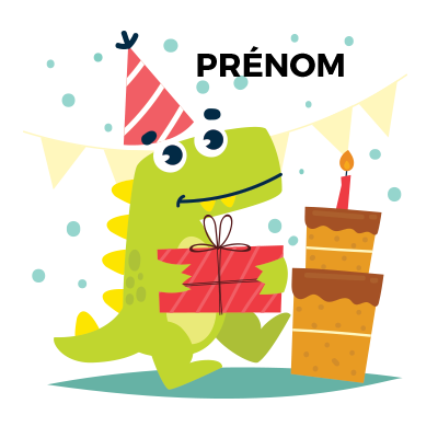 Dino joyeux anniversaire avec cadeaux et gâteaux, parfait pour célébrer les petits moments à bébé-prenom.com.
