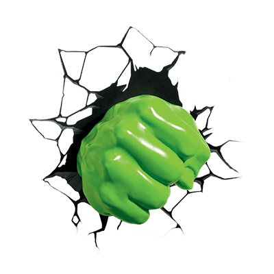 Poing Hulk casse le mur, un design amusant et ludique pour égayer les accessoires de bébé sur bebe-prenom.com.