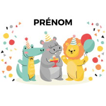 Fête d\'anniversaire joyeuse avec des animaux mignons en fête, idéale pour célébrer les moments spéciaux de votre bébé.