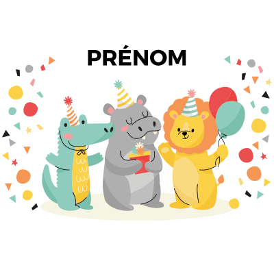 Fête d\'anniversaire joyeuse avec des animaux mignons en fête, idéale pour célébrer les moments spéciaux de votre bébé.