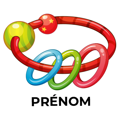 Hochet coloré pour bébé, parfait pour stimuler les sens et accompagner les moments de jeu. Disponible sur bebe-prenom.com.
