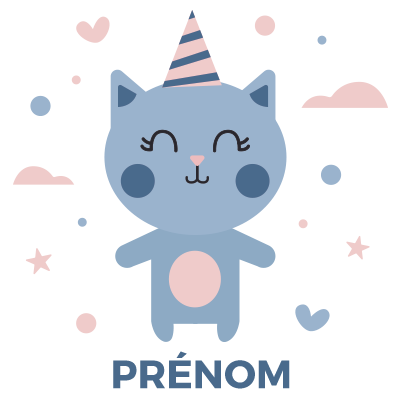 Chat anniversaire mignon pour célébrer les moments spéciaux de votre bébé. Parfait pour une touche festive sur bebe-prenom.com.